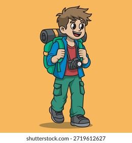 Cartoon Wanderer mit Rucksack und Kamera