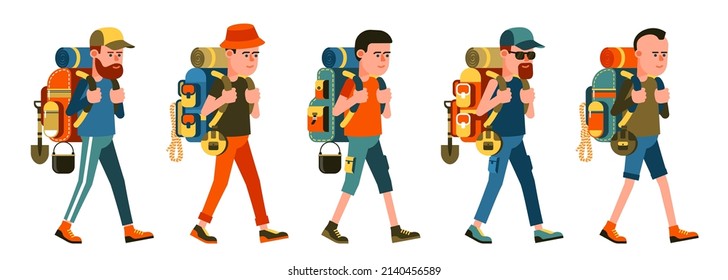 Cartoon hiker with backpack set. Men tourists with different backpacks. Go Everywhere. Vector isolated image.