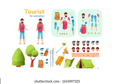 Cartoon hiker camping tourist animation set. Vector young man with backpack hiking sticks tent map creation kit with face emotions, various position. Trekking man constructor with bonfire, camera