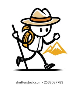 Cartoon Hiker Character with Backpack and Hat