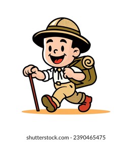 cartoon hiker, cute funny flat character, vector illustration.