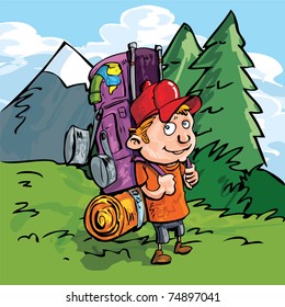 Cartoon Hiker in the forest with blue skies and a mountain behind