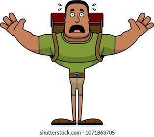 A cartoon hiker looking scared.
