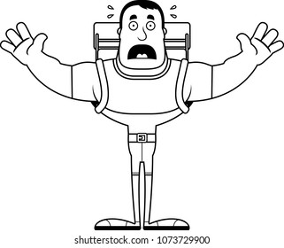 A cartoon hiker looking scared.