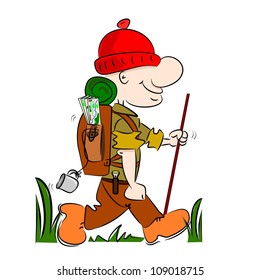 A cartoon hiker rambler going camping with rucksack and stick