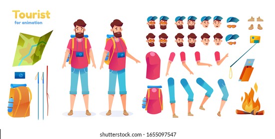 Cartoon hiker tourist animation set. Vector young man with backpack hiking sticks and map creation kit with face emotions, various position. Trekking man constructor with bonfire, selfie stick camera