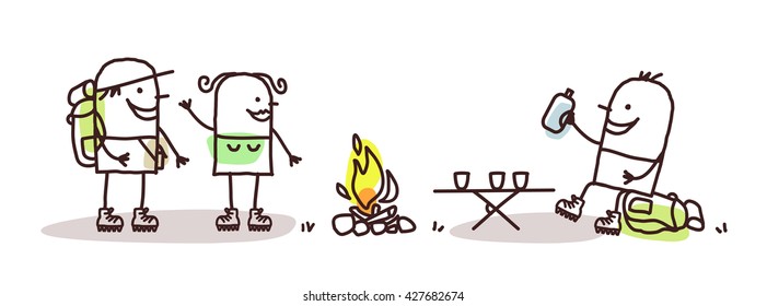 cartoon hikers with campfire
