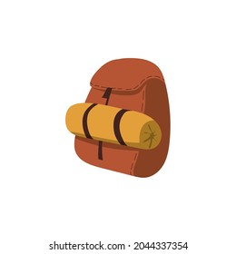 Cartoon hiking backpack. Vector illustration of a brown camper backpack with a sleeping bag. Travel backpack side view.