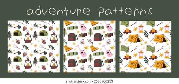 Cartoon hiking and camping patterns set. Travel elements: boots, backpack, fire, tent, compass. Wildlife recreation and survival, travel elements in retro doodle style.