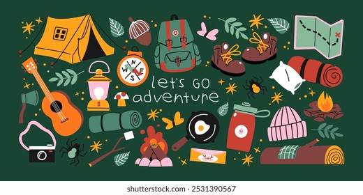 Cartoon hiking and camping stickers. Travel elements: boots, backpack, fire, tent, compass. Wildlife recreation and survival, travel elements in retro doodle style.