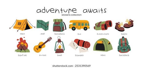 Filmagem de desenhos animados e adesivos de acampamento. Elementos de viagem: botas, mochila, fogo, tenda, bússola. Recreação da vida selvagem e sobrevivência, elementos de viagem em estilo retro doodle.