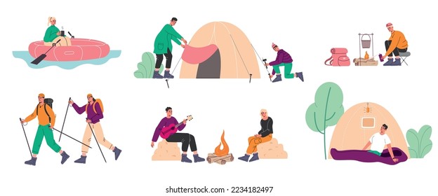 Caricatura de personajes de senderismo. Personas aventureras. Actividades al aire libre Accesorios de viaje. Los turistas felices se relajan en la naturaleza. Tienda de campaña. Balseo en el río. Caminata nórdica. Vector