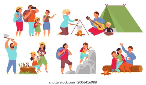 Cartoon hiking characters. Travelling people, funny woman travel with family. Young group in camping, scouts adventures or hike decent vector set