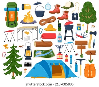 Cartoon hiking equipment, tourist camping campfire, tent and sleeping bag. Torch lighter, binoculars, barbecue grill and boots vector illustration set. Tourist elements hiking adventure