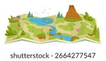 Cartoon hiking trail map. Wild nature terrain map, hiking route and destination, trees, lake and mountain elements on map flat vector illustration. Hiking track map