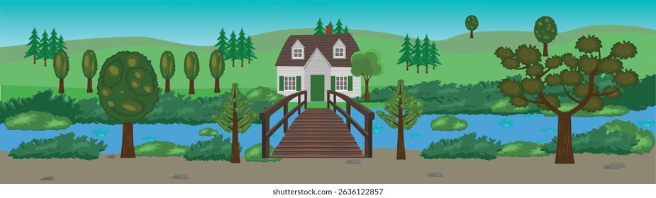 Colinas e campos de desenhos animados, paisagem panorâmica da natureza projeto de fundo