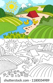 Cartoon hills, meadow with ducks, mountains and river. Kids coloring book. 