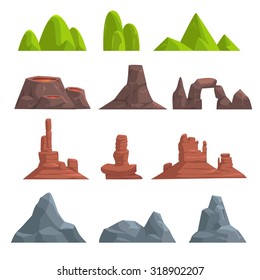 Cartoon hills and mountains set, vector isolated landscape elements for web or game design