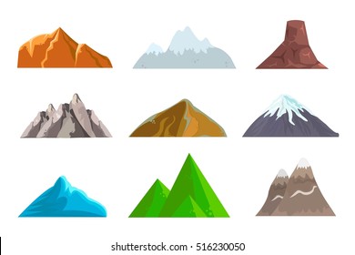 Cartoon hills and mountains set, vector isolated landscape elements for web or game design. Vector illustration. White background.