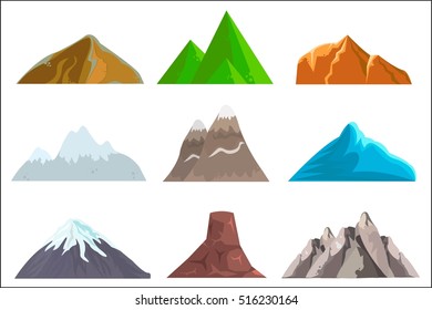 Cartoon hills and mountains set, vector isolated landscape elements for web or game design. Vector illustration. White background.