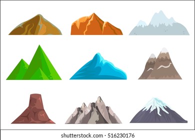Cartoon hills and mountains set, vector isolated landscape elements for web or game design. Vector illustration. White background.