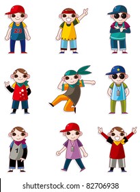 cartoon hip hop boy dancing icon set