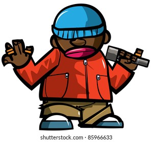 Cartoon hip hop man with microphone. Isolated on white