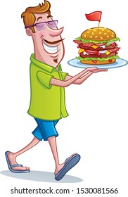 Cartoon of a hip looking guy wearing sunglasses and carrying an extra large size bacon double cheeseburger on a plate with a self satisfied grin.