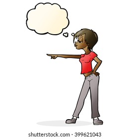 cartoon hip woman pointing with thought bubble