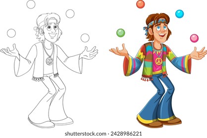 Cartoon hippie character juggling balls, before and after coloring.