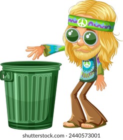 Cartoon hippie character next to a green trash can.