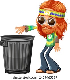 Cartoon hippie character next to a trash bin.