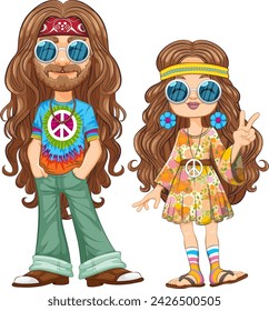 Caricatura de una pareja hippie en colorido traje de los años 70.