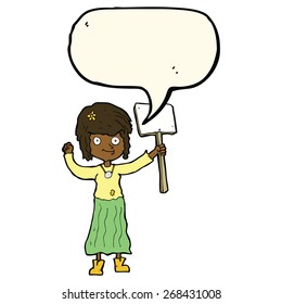 cartoon hippie girl with protest sign with speech bubble