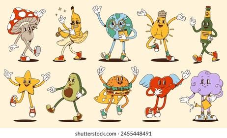 Cartoon Hippie groovige Charaktere, Globus und Bierflasche, Stern und Burger, Herz und Banane, Wolke und Glühbirne, Pilz und Avocado trippy, psychedelische ausdrucksstarke Persönlichkeiten isolierte Vektorgrafik Set