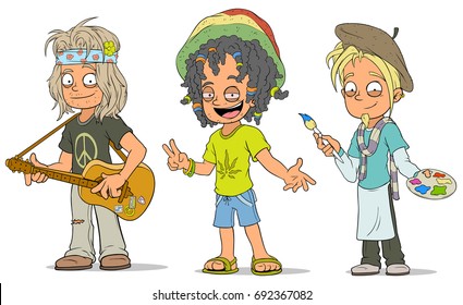 Cartoon hippie with guitar jamaican and artist with paints characters vector set