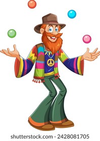 Cartoon hippie juggling balls with a cheerful expression.