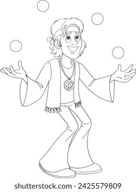 Cartoon hippie juggling balls with a smile.