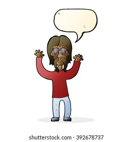 cartoon hippie man waving arms with speech bubble