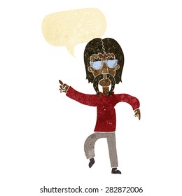 cartoon hippie man wearing glasses with speech bubble