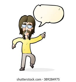 cartoon hippie man wearing glasses with speech bubble