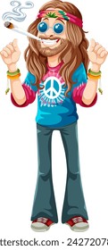 Cartoon hippie with peace sign and musical note