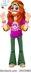 Cartoon hippie with peace sign and smoke.