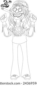 Cartoon hippie with peace sign and smoke.