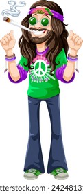 Cartoon hippie with peace sign and smoking joint.