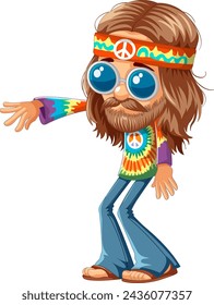 Hippie de dibujos animados con signo de paz y gafas de sol.