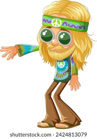 Cartoon hippie with peace symbols and sunglasses.