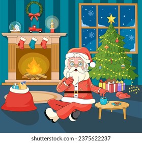 Cartoon Hippie Santa Claus sitting on floor in decorated room with Fireplace, Christmas Tree and Gifts. Nostalgic Christmas Eve. New Year vintage card. 