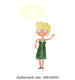 cartoon hippie woman waving with speech bubble