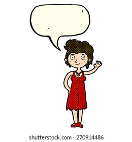 cartoon hippie woman waving with speech bubble